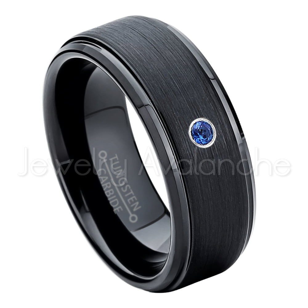0.07ct Blue Sapphire Solitaire Titanium Ring 8MM Black Ion Plated & Rose Gold Plated Beveled Edge Comfort Fit Titanium Wedding Band September Birthstone Ring