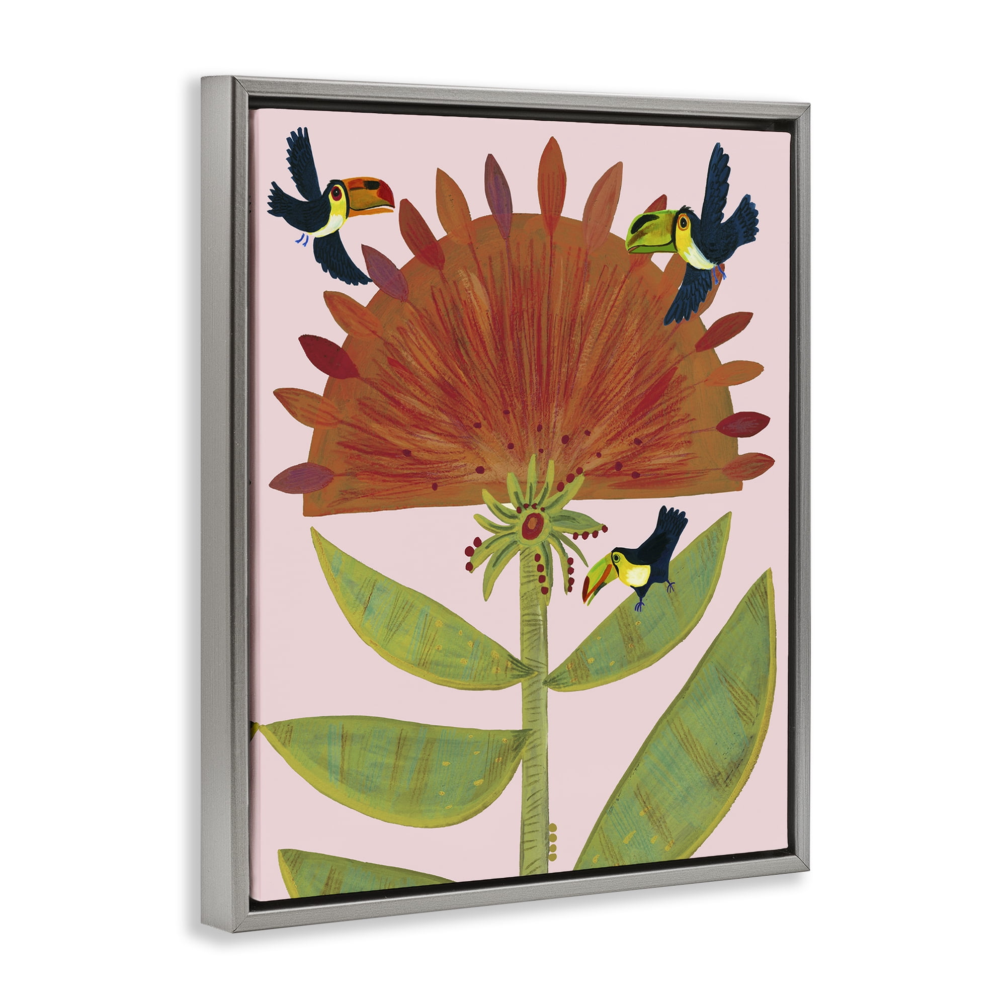 Stupell Industries Tropical Plant & Toucans Gray Framed Floater Canvas Wall Art, design by Kay Widdowson