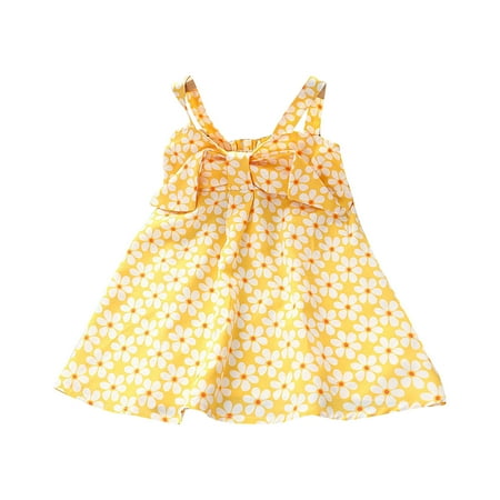 

OVTICZA Baby Toddler Summer V Neck Dress Sundress Sleeveless Floral Dresses for Girls Yellow 130