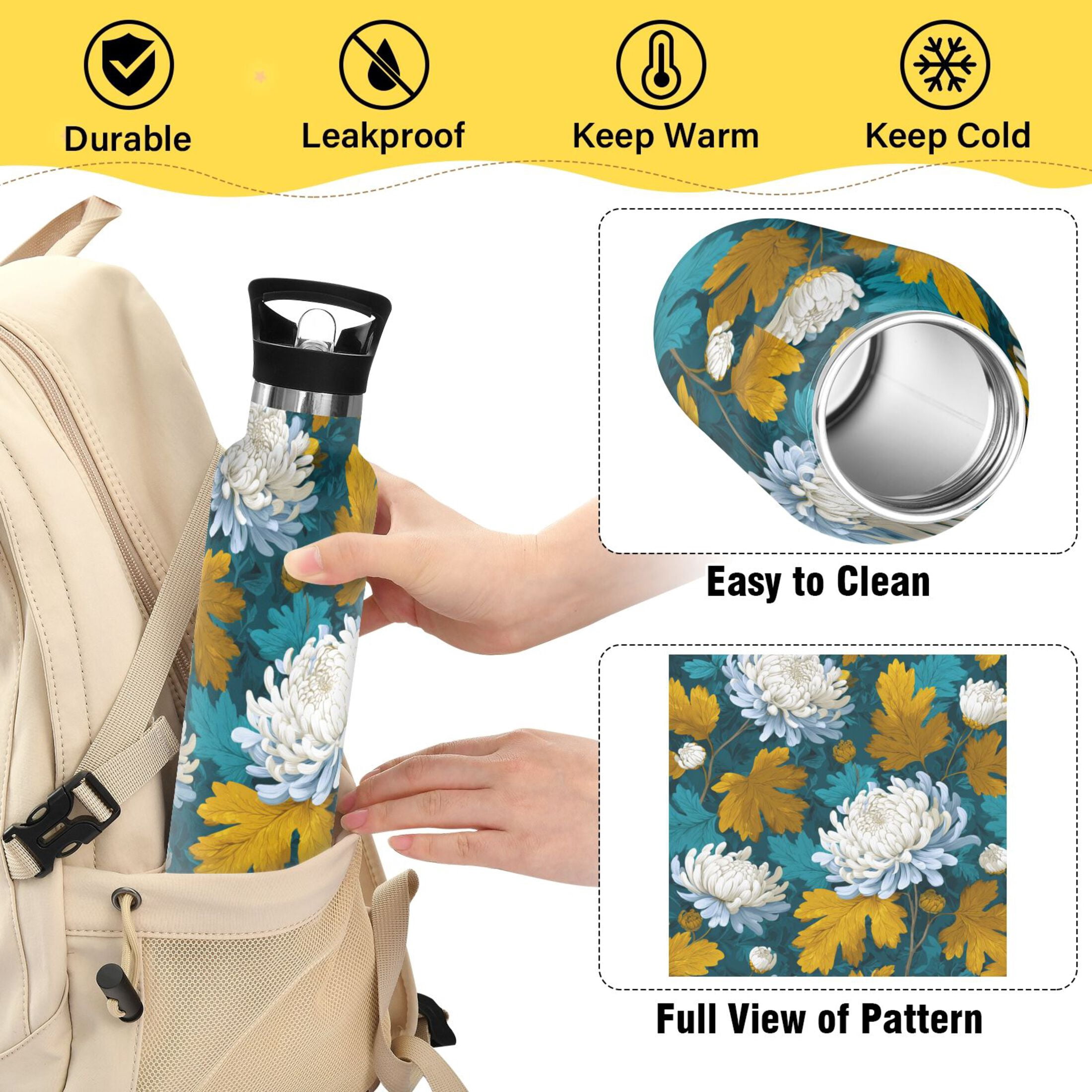 Kids Insulated Stainless Steel Sports Water Bottle 600ml (20oz) White Chrysanthemums