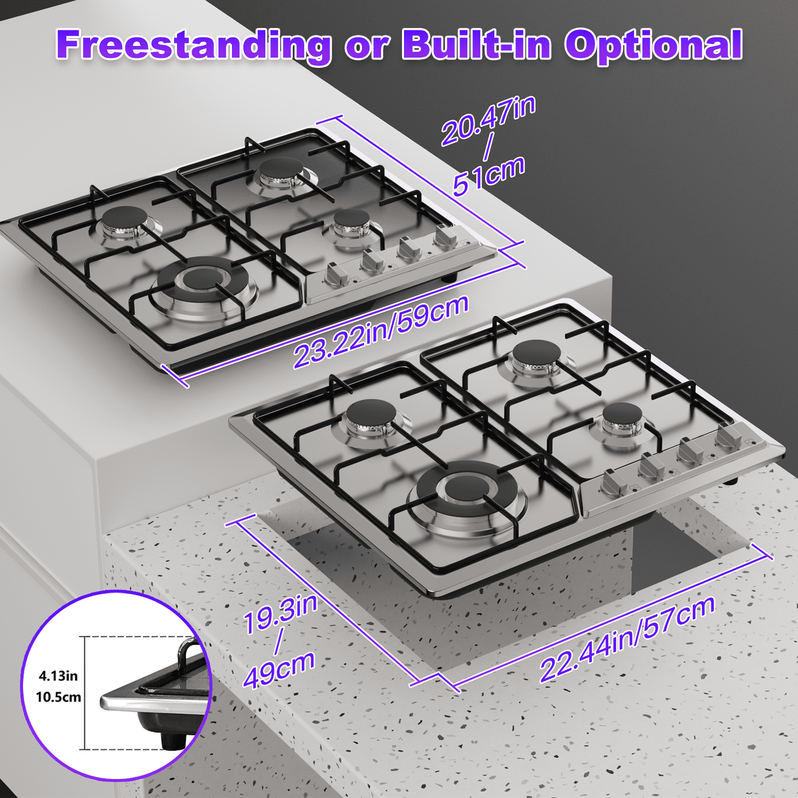 TYEMUI 24in Gas Stove Cooktop, Drop-in 4 Burner NG/LPG Convertible Neutral Gas Propane Cooktop with Thermocouple Protection for Kitchen