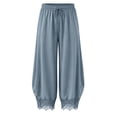 thumbnail image 5 of TEAJOPSUU Womens Cropped Lace Hem Pants Flowy Drawstring Elastic High Waisted Culottes Pants with Pockets Casual Wide Leg Palazzo Trousers Blue, 5 of 7