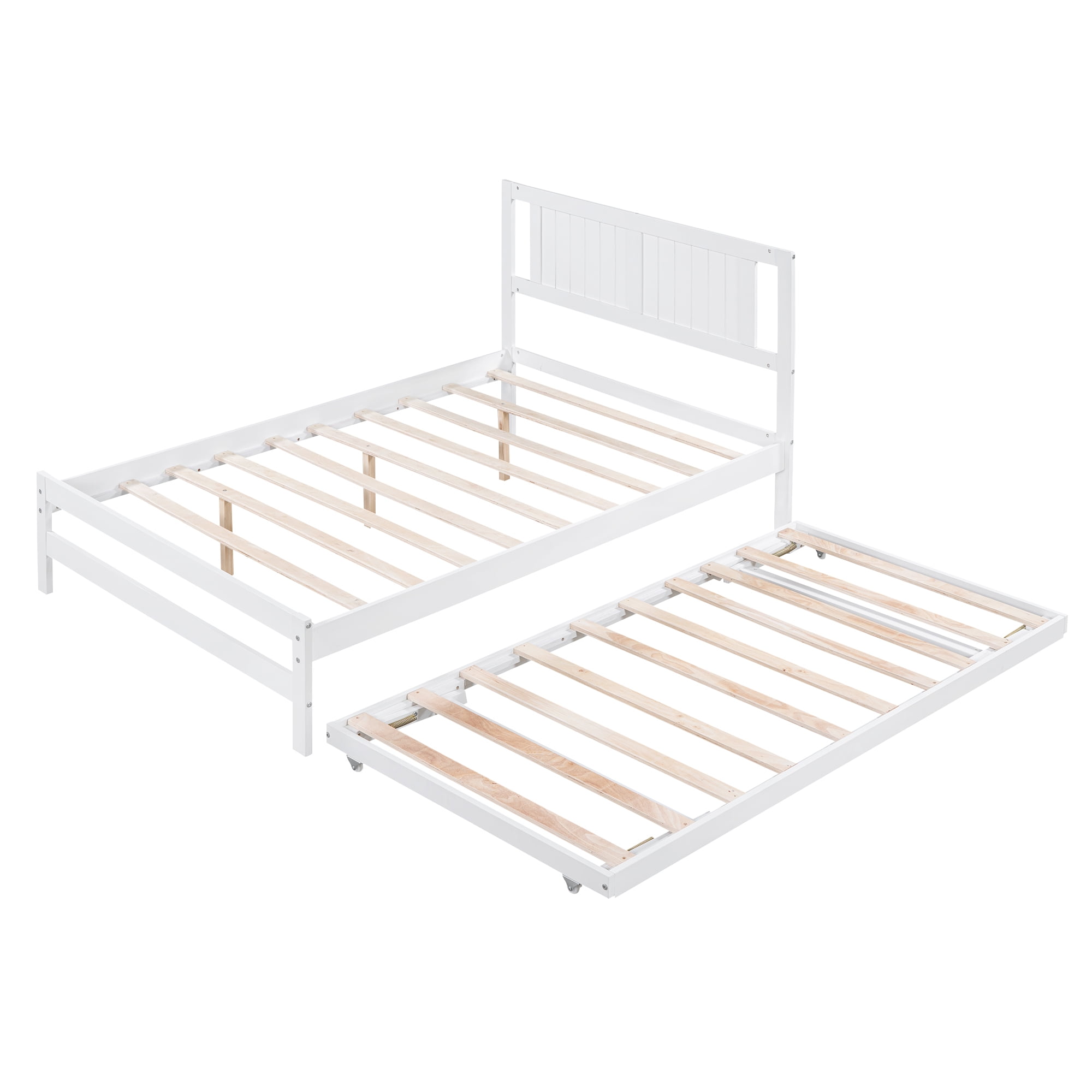 Aukfa Full Size Platform Bed with Trundle - Solid Wood Bed Frame for Kids Guests Bedroom - White