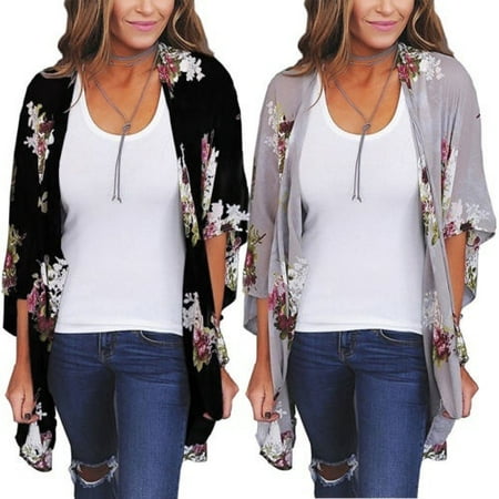 Tommy Hilfiger Womens Fashion Jacket Fashion Women Boho Vintage Floral Loose Shawl Kimono Cardigan Chiffon Coat Jacket Blouse ()