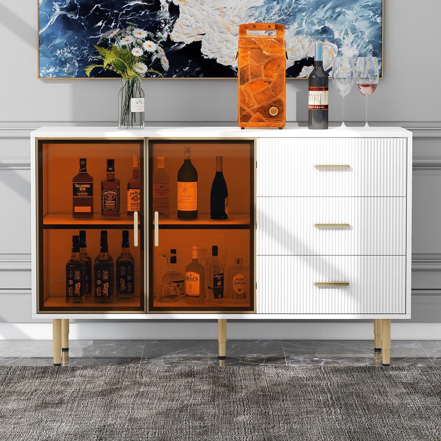 Kadyn Modern Kitchen Storage Cabinet, White Storage Server Cupboard with Gold Metal Legs & Handles, MDF Storage Cabinet for Living Room