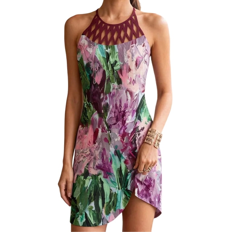 Telankuip Summer Midi Dresses for Women 2026 Retro Casual Floral Halter Neck A-Line Beach Vacation Hollow out Design Sleeveless Slim Fitted Short Dress 2-Purple XXXXXL