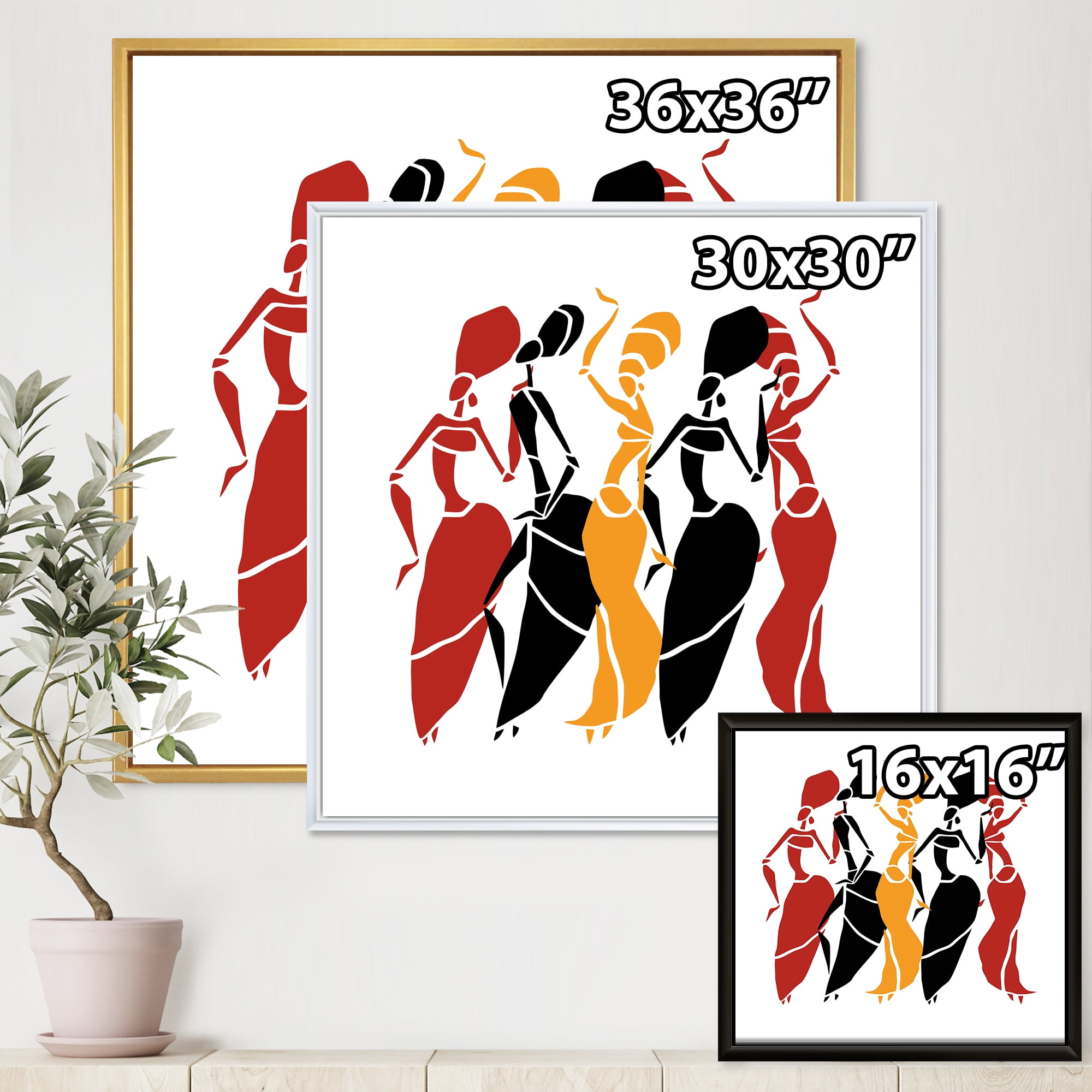 Designart 'Beautiful Red Black and Yellow Dancers Afro American Silhouettes' Modern Framed Canvas Wall Art Print