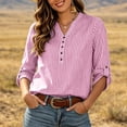 thumbnail image 5 of Uootdi Women's Striped Tops 3/4 Sleeve Henley Neck Roll Tab Blouses Western Casual Style Lightweight Breathable Relaxed Fit Shirts Gift, 5 of 8