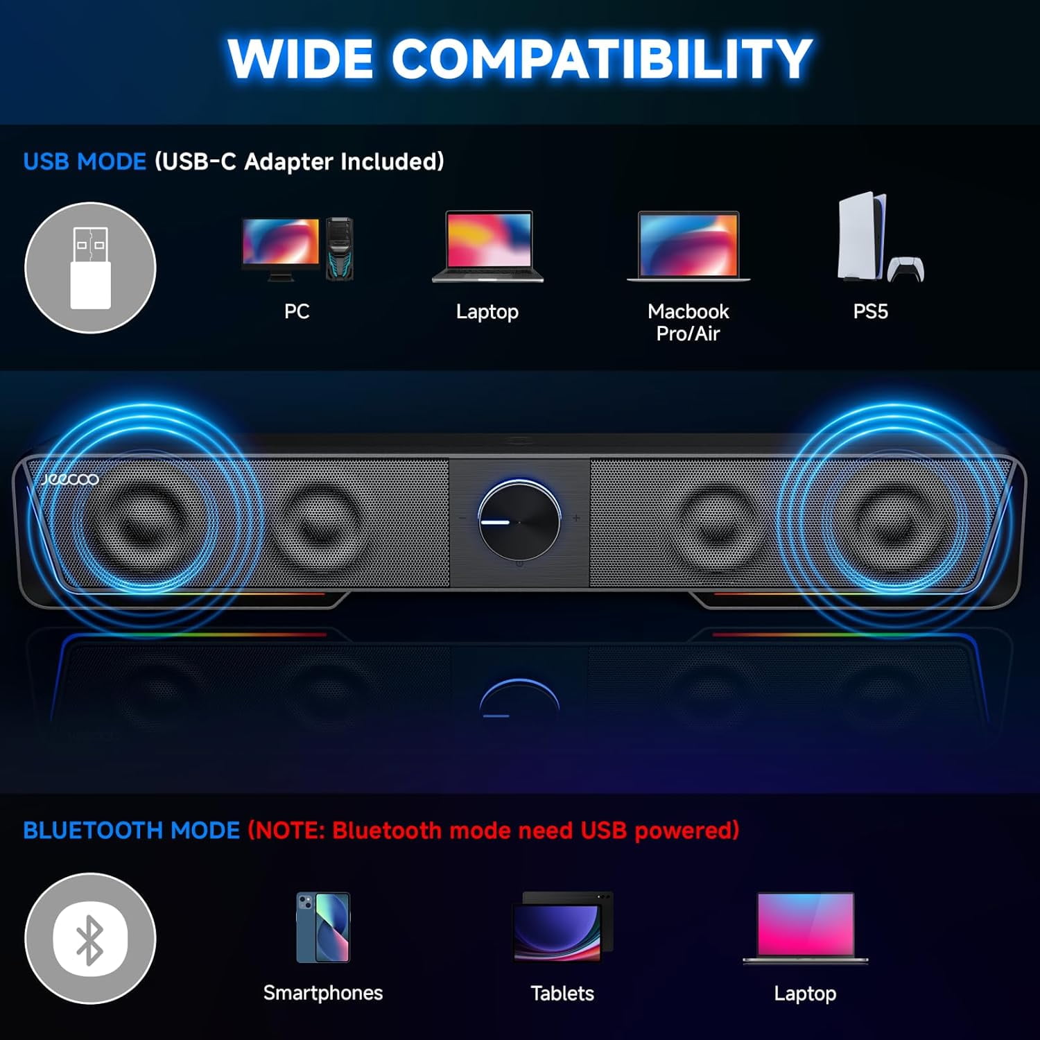 A40 Bluetooth Computer Speakers with Clear Sound, USB Plug & Play PC Speakers with LED Light, Computer Sound Bar with Switch Button for Desktop Laptop Monitor (USB-C Adapter Included)
