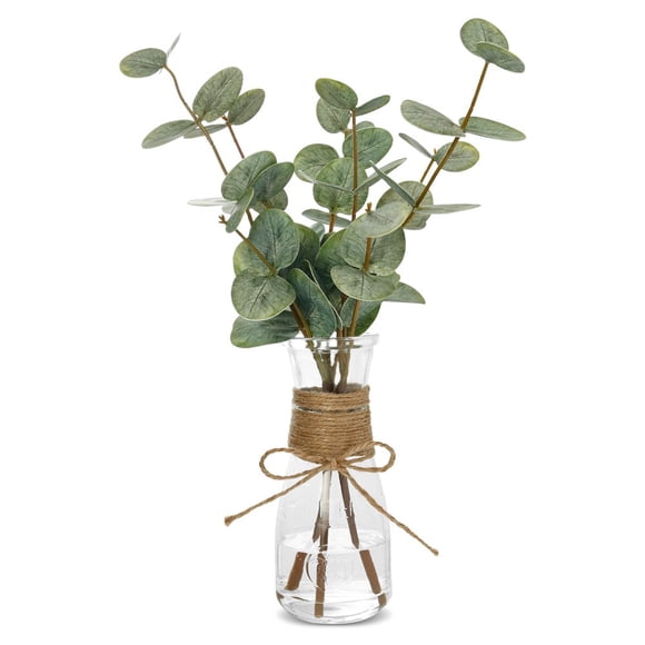LNGOOR Tiges d'Eucalyptus Artificielles dans un Vase en Verre Eucalyptus Artificiel Décoratif dans un Vase Plante Artificielle Polyvalente avec Feuilles d'Eucalyptus Vertes Double Face pour Centre de Table