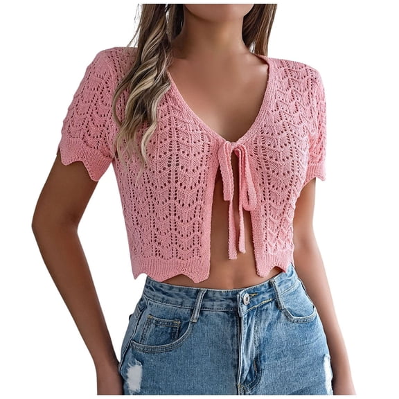Summer Lace Up Hollowed Out Short Sleeved Knitted Cardigan Vacation Navel Sun Shirt Sun Protection Shirts for Women Uv Shirts for Women
