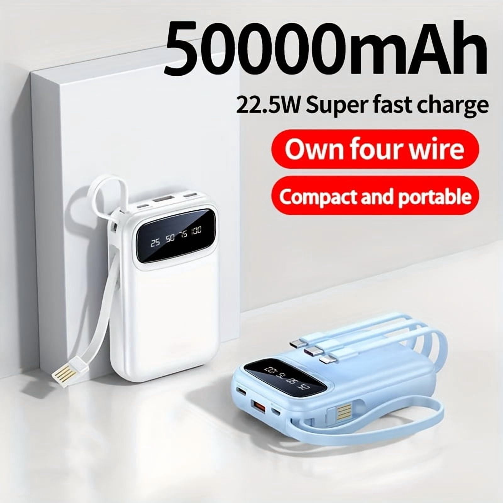 50000mAh Power Bank with 4 Cables, LED Display, Fast Charging for iPhone/Android Phones, Digital Devices, Outdoor Emergency Portable Battery Pack Gift