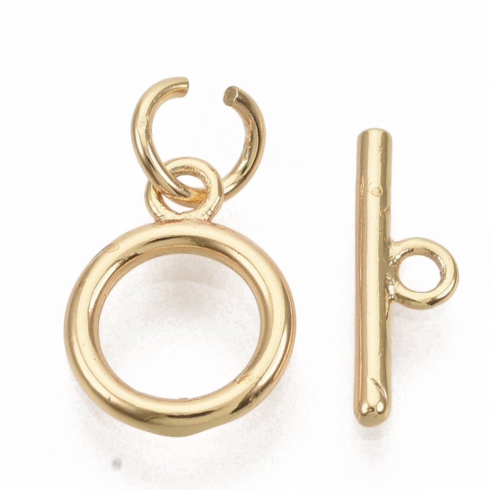 50Set Brass Toggle Clasps with Jump Rings Nickel Free Ring Real 18K Gold Plated Ring: 12x9x1.5mm Hole: 1.2mm Bar: 12.5x1.5mm Hole: 1.2mm Jump Ring: 5x0.8mm.