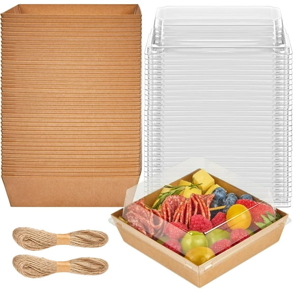 50 Pack 5 Inch Paper Charcuterie Boxes with Clear Lids, Square To Go Cake Slice Containers Small Kraft Bakery Boxes for Dessert, Cookies, Sandwich, Strawberries (Brown)