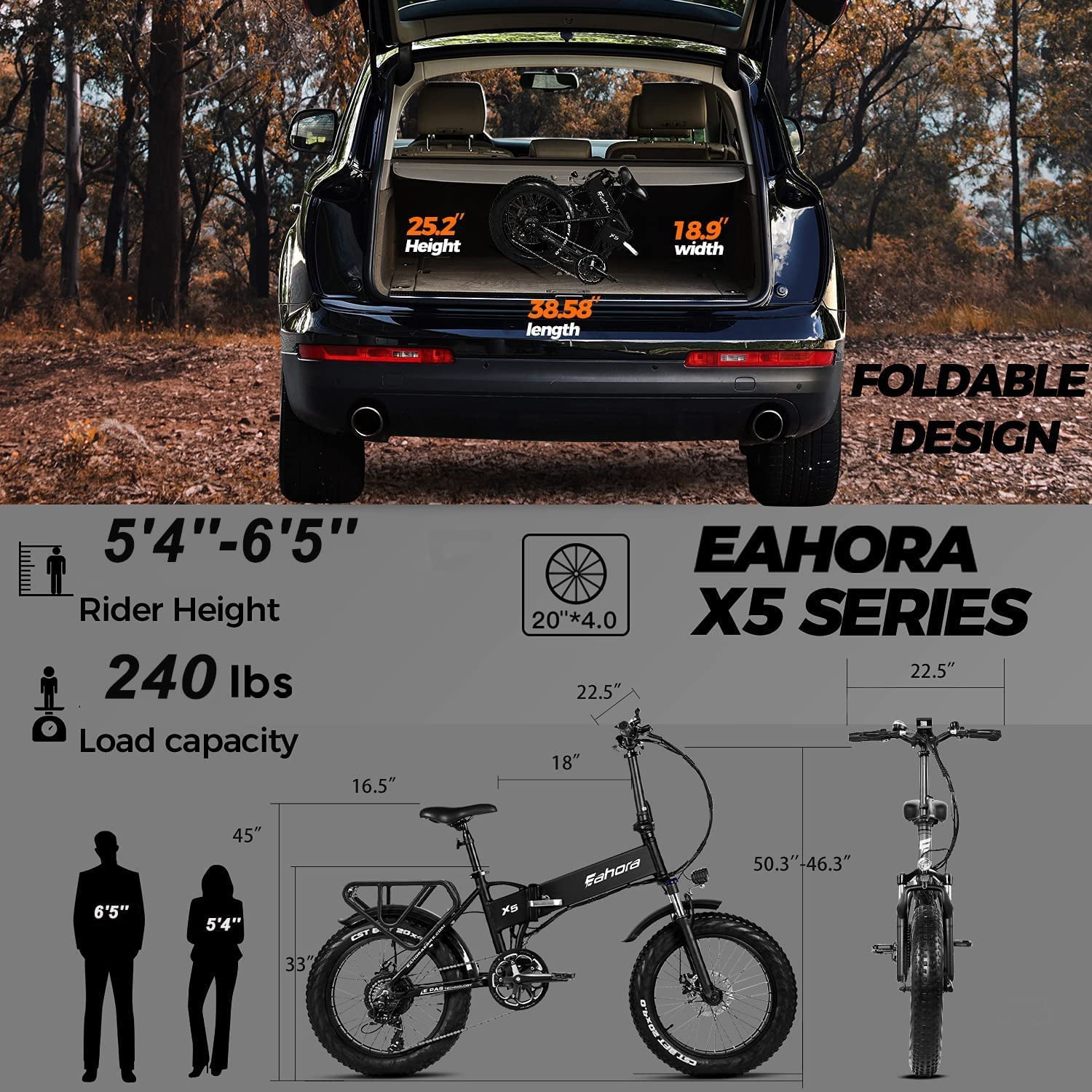 Eahora X5 20 in.750W Folding Electric Bike for Adults 14AH 4.0 Fat Tire Up to 28MPH Bicycle Ebike Black
