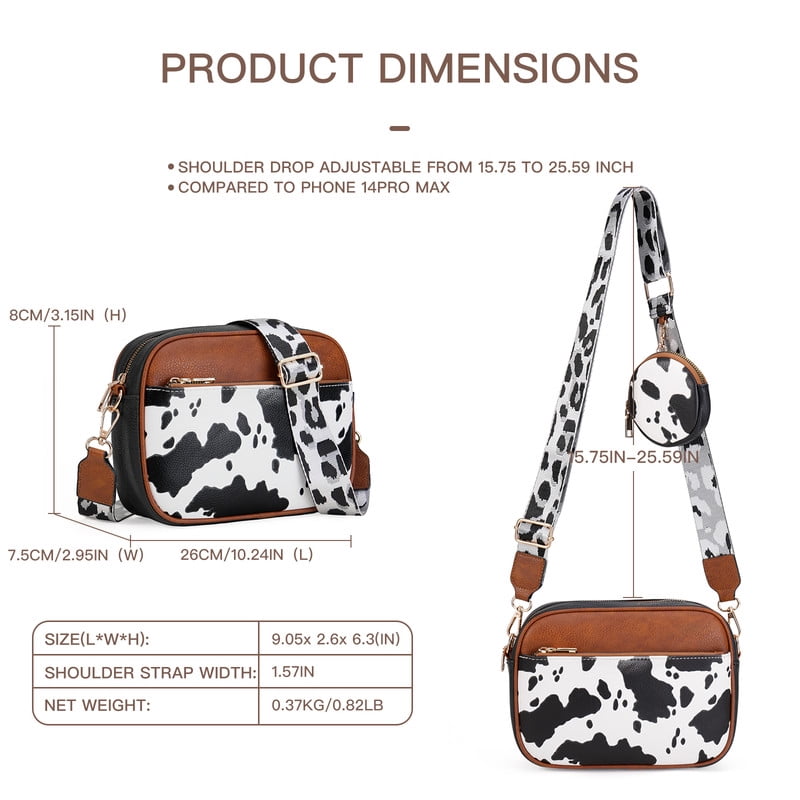 FALAN MULE Women's Leather Crossbody Bag, Cow Print Cell Phone Purse, Triple Zip Pocket, Adjustable Shoulder Strap