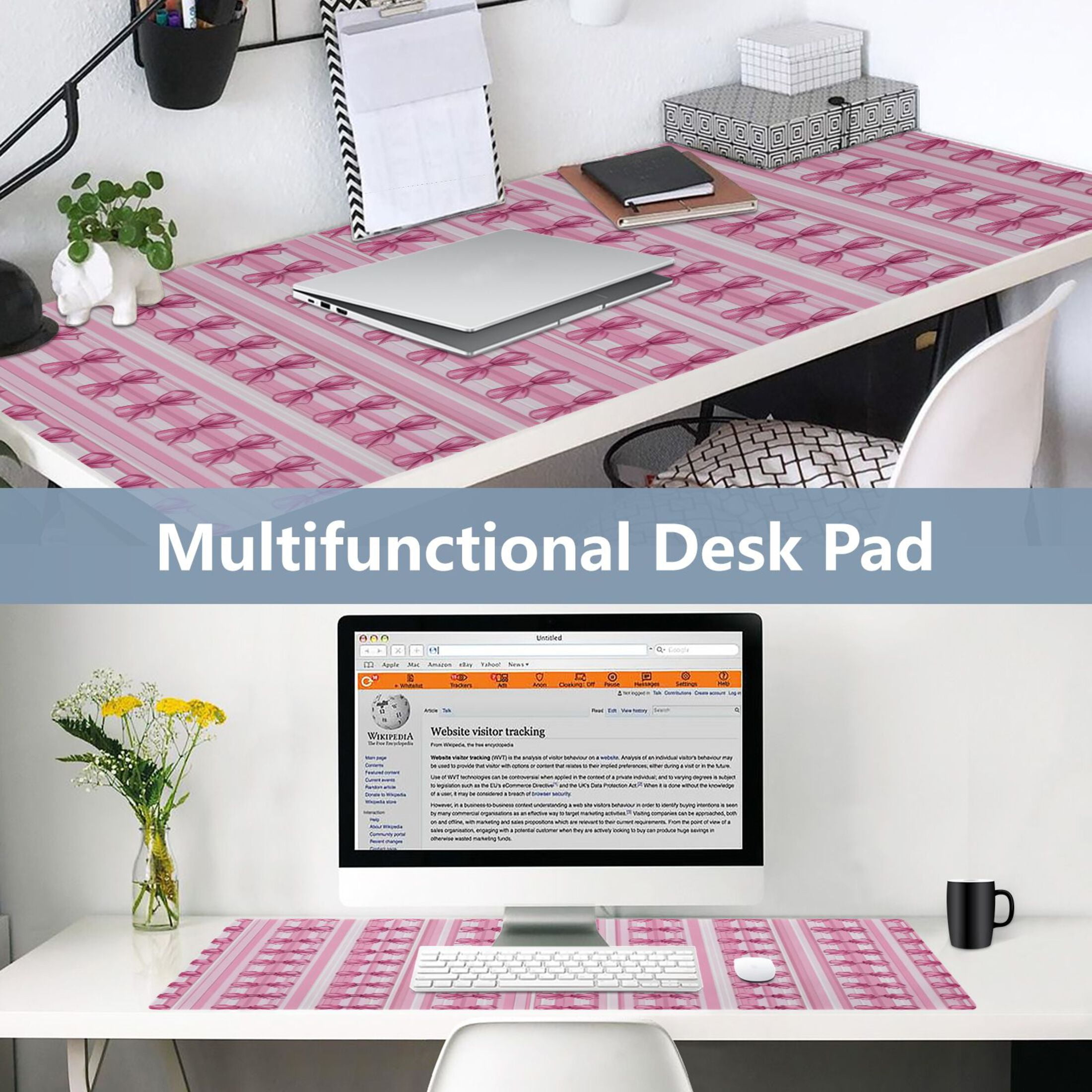 Leather Keyboard and Mouse Desk Mat Office Desk Accessories Protective Office Desk Decor Desk Pad Mat for Gaming, Work from Home, Office Pink Bows 23.6" x 47.2"