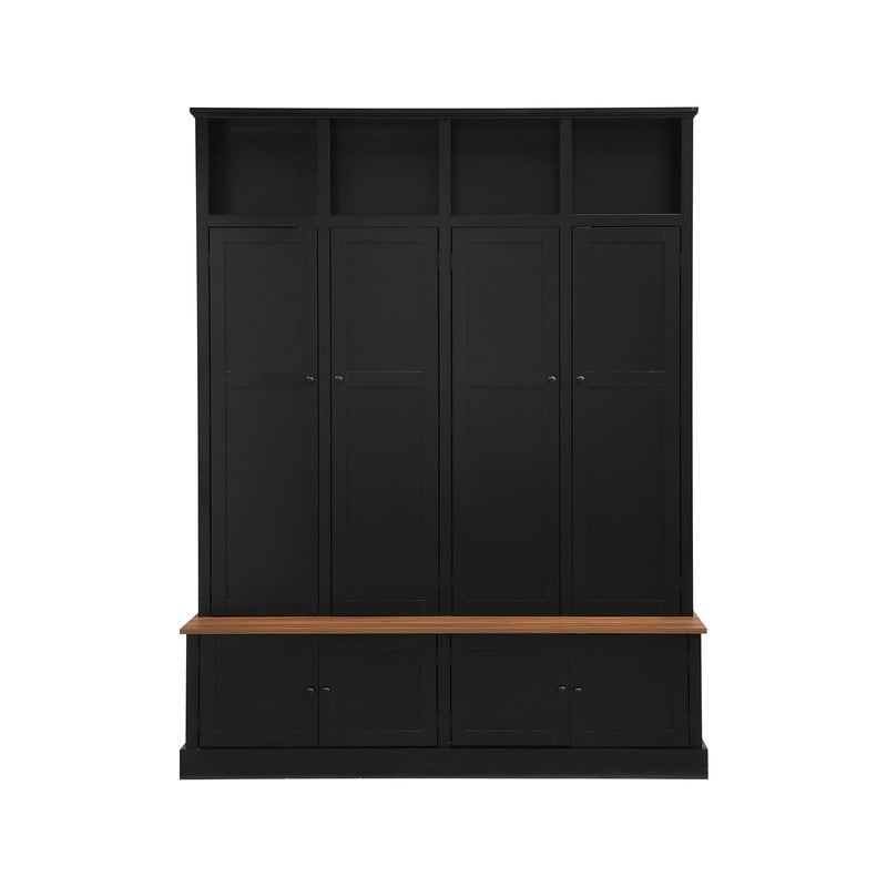 Farmhouse Hall Tree with Open Compartments, 4-in-1 Entryway Bench with Storage Cabinets, Modern Coat Rack with 4 Hooks for Hallway Entryway