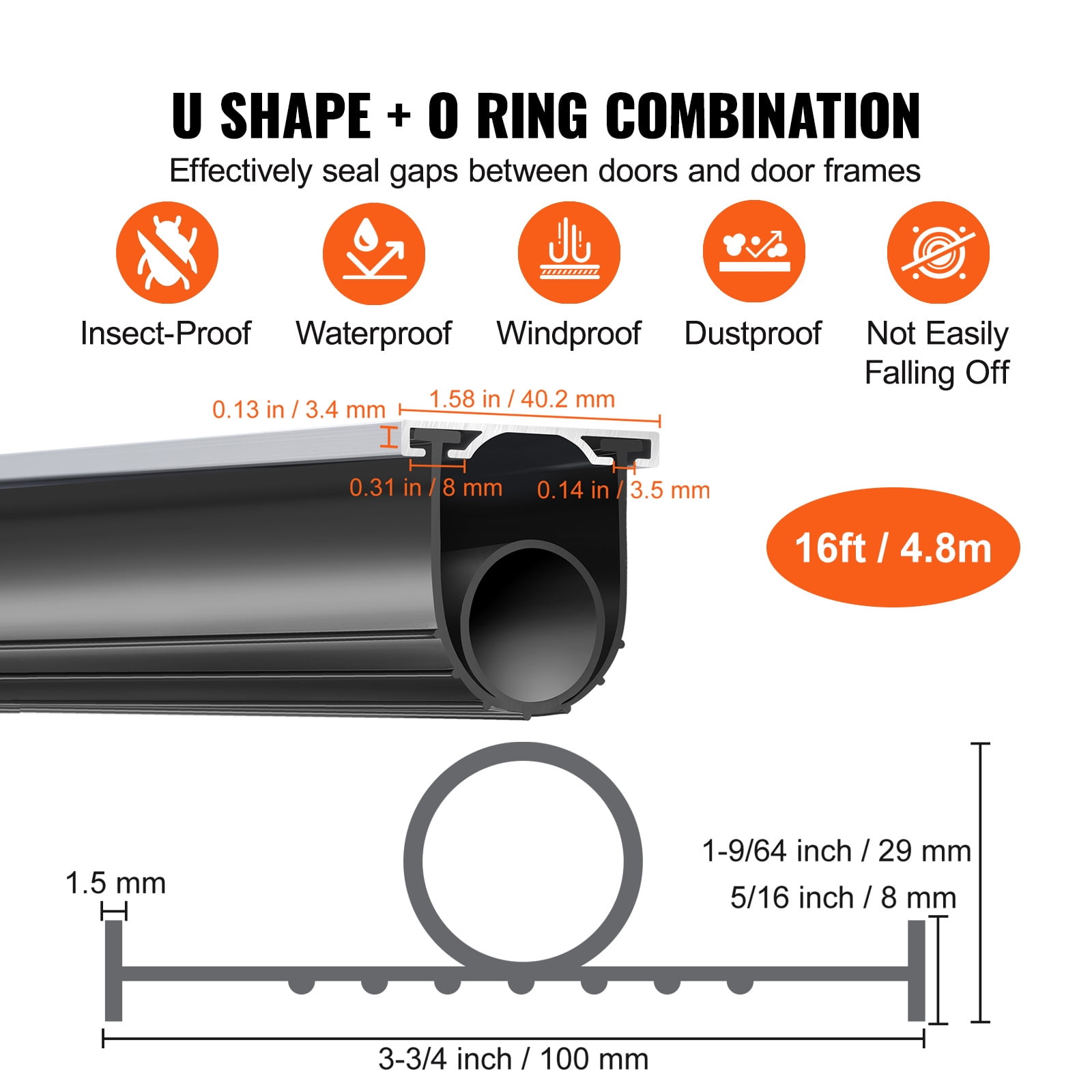 KFFKFF Garage Door Seals Bottom Rubber 16 ft Weather Stripping Kit Seal Strip Replacement, Universal Weatherproof Threshold Buffering Sealing Rubber 5/16 inch T-end