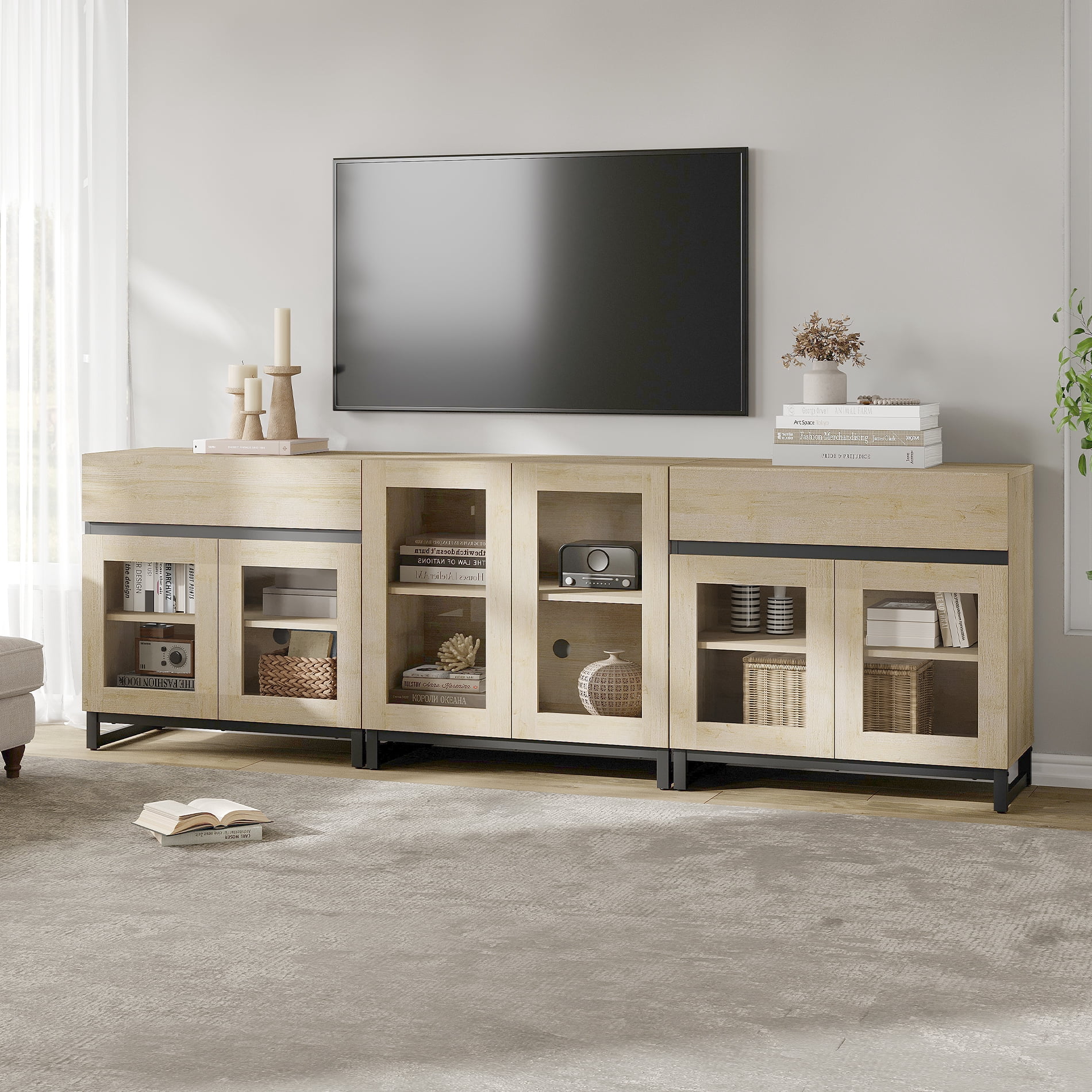 3 In 1 TV Stand For Tvs Up To 100 Inch, Modern Entertainment Center With Glass Doors And Metal Legs, TV Console With Adjustable Shelf For Living Room, Bedroom,Beige