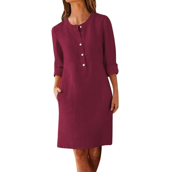 LOVZFMLL Summer Dresses for Women Button Up Shift T-Shirt Dresses with Pockets Casual Solid Round Neck Knee Length Dress Wine M