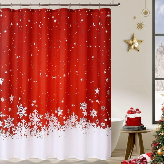 Christmas Shower Curtain, Red Floral Snowflake Shower Curtains for Bathroom, Christmas Decorations Fabric Curtains, Water Resistant, Machine Washable (72x72 Inches)