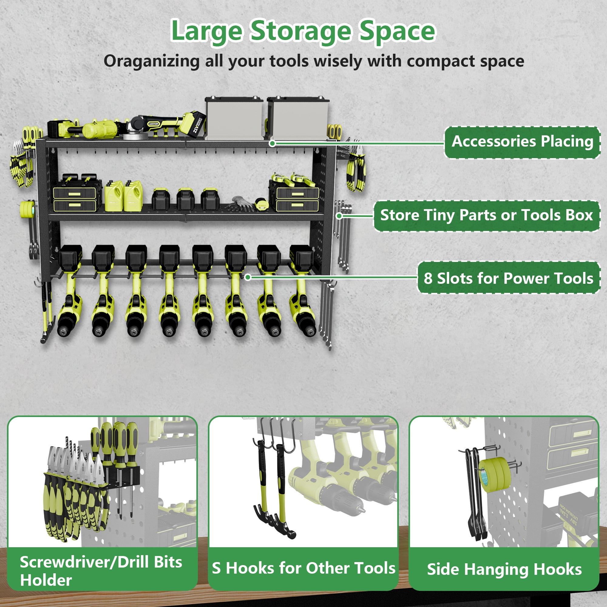 Jhsomdr Power Tool Organizer 8 Drill Holder Wall Mount, 3 Layer Garage Tool Organizer Tool Storage Shelf with Pegboard/Hooks, Utility Racks with Screwdriver/Plier/Hammer Holder