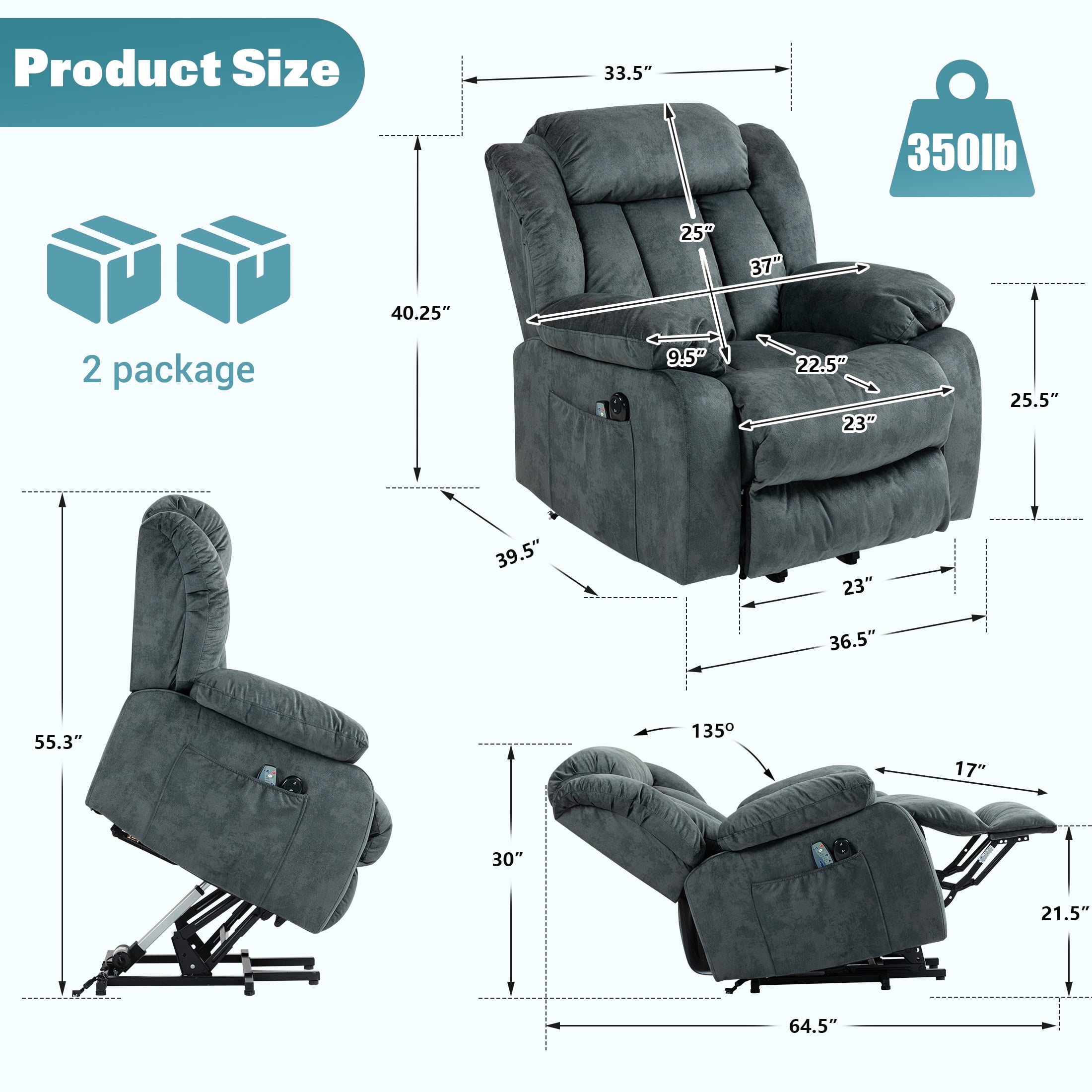 Power Lift Recliner Chair with Massage and Heat Therapy, Heavy Duty Electric Recliner for Elderly with Side Pockets, for Living Room, Bedroom, Home Theater, Grayish Blue
