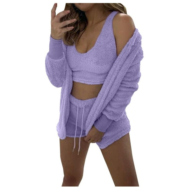 Conjunto de pijama de invierno de 3 piezas para mujer: pantalones cortos de franela, camiseta con capucha y estampado de gato con barba, ropa de dormir de poliéster suave, uso informal/diario, tall