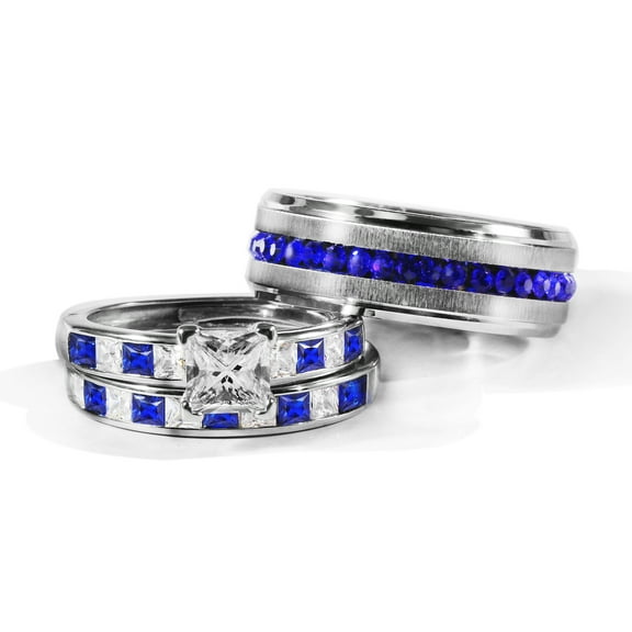 3pc Couples Women Diamond Sterling Silver Blue Sapphire Cz Man Titanium Wedding Bands Wedding Ring Sets