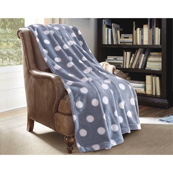 Soft Flannel Fleece Throw Blanket, 50" x 60", Gray and White Polka Dots, 1 Piece