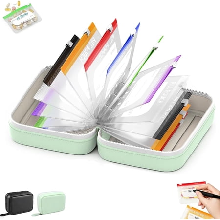 Waterproof Pill Pouch Set-14pcs Bags Inside,A8-PU Waterproof Pill Organizer Set,7 to 14 Days of Meds & Medicine Crush-Resistant Shell,Color-Coded Reusable Travel Pill Storage System
