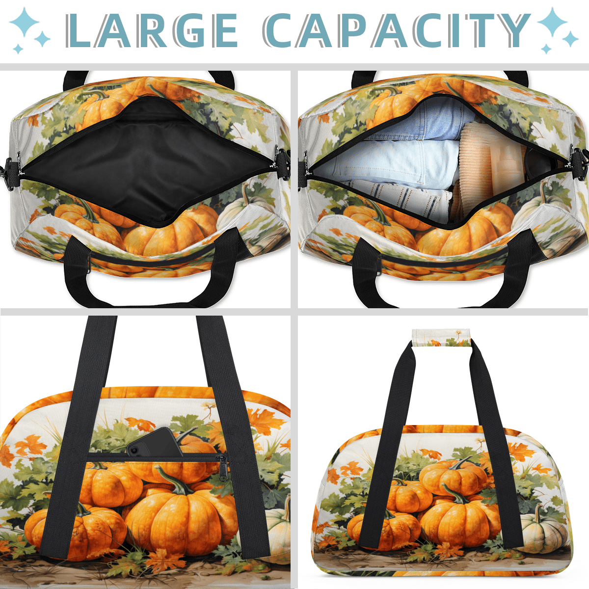 Herdesigns Fall Watercolor Pumpkin Sports Duffle Bag for Women & Men, Autumn Gym Bag Dance Bag Overnight Bag Carry On Weekender Travel Bag