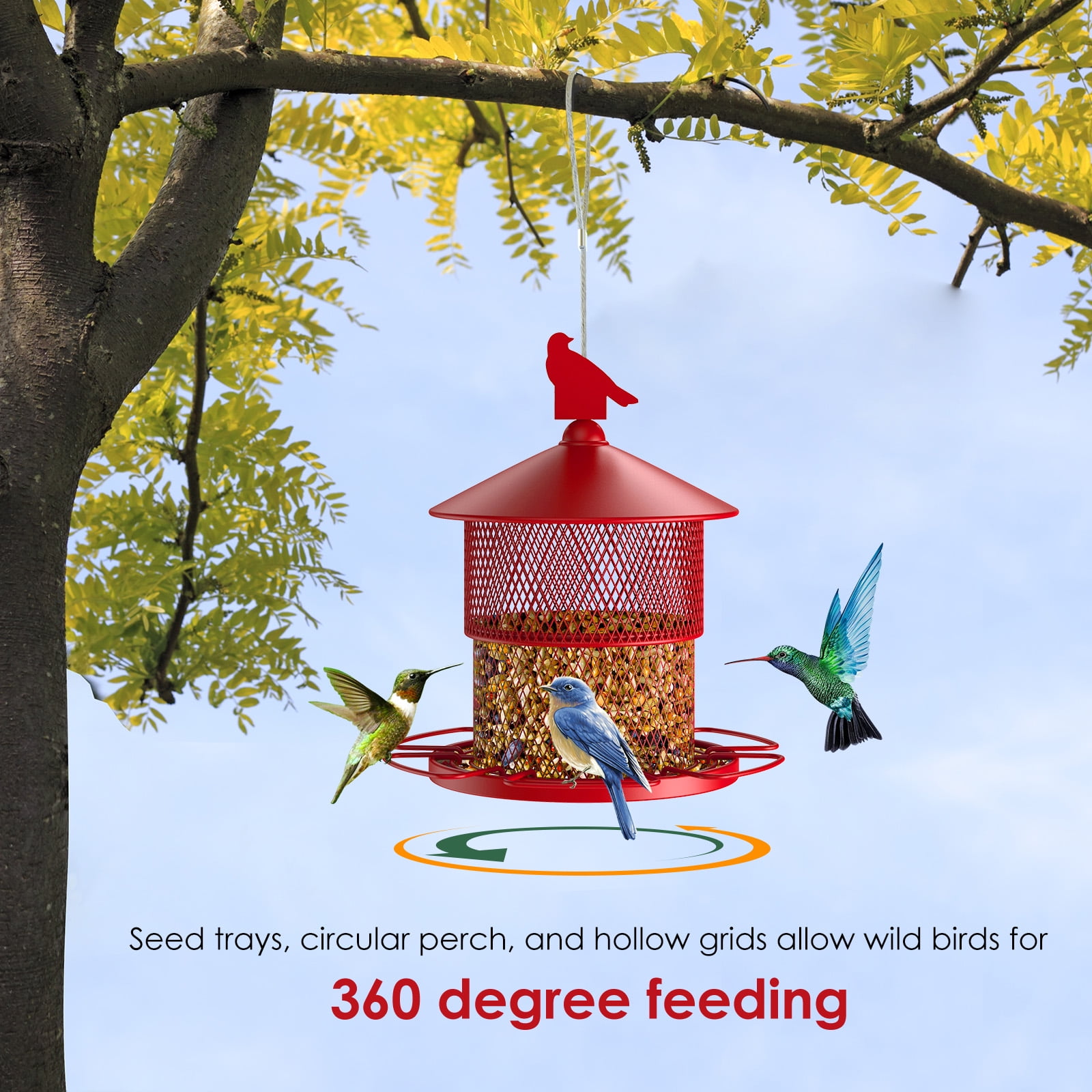 Digipettor Metal Wild Bird Feeder for Outside, Squirrel Proof Bird Feeders, Retractable 4LB Capacity Large Seed Birdfeeder for Outdoors Hanging Garden Yard, Red