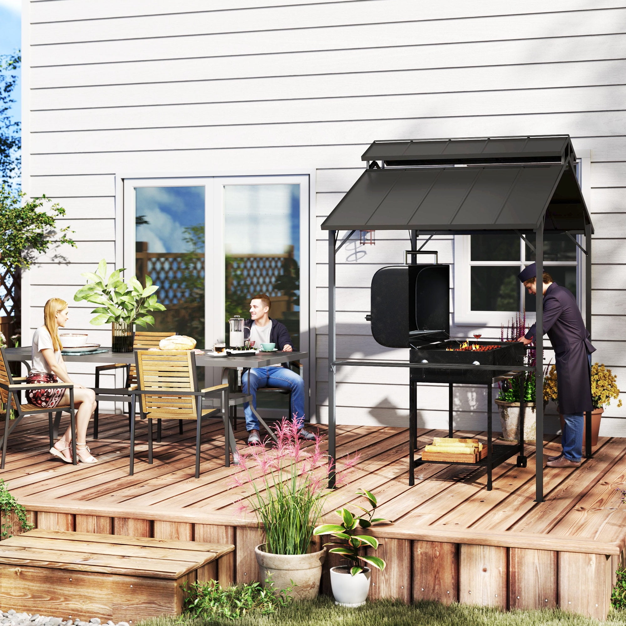 Outsunny 8 x 5ft Hardtop Grill Gazebo, Outdoor BBQ Gazebo with Double Metal Roof, 2 Side Shelves and 10 Hooks for Patio Backyard Lawn Deck