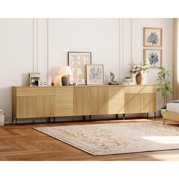 WAMPAT 126" Large Fluted Buffet Sideboard Cabinet with Storage,4 in 1 Modern Buffet Table with 2 Drawers & 8 Doors,Wood Credenza Console Coffee Bar Wine Bar Cabinet for Living Room
