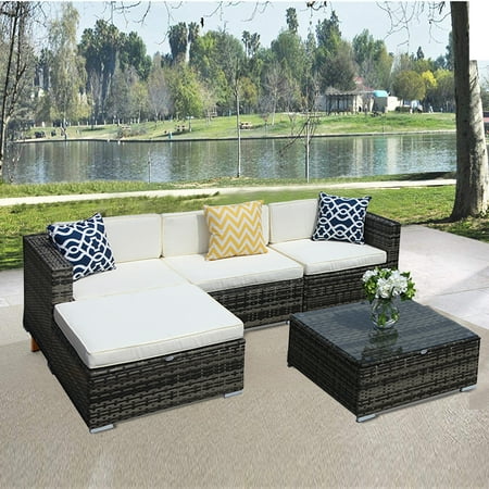 5pcs patio outdoor pe wicker rattan sectional furniture set with cream  white seat and back cushions,blue pillows steel frame, gray