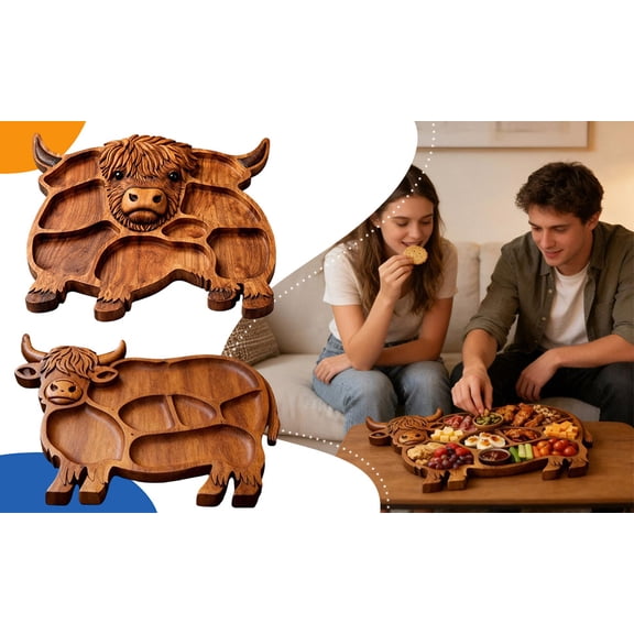 hulanddfd Highlands Cow Wooden Charcuterie Board, Farmhouses Serving Tray with Compartments for Cheese Meats Fruit Dining Table Centerpiece for Easter Valentine's Day Housewarmings Birthday Party