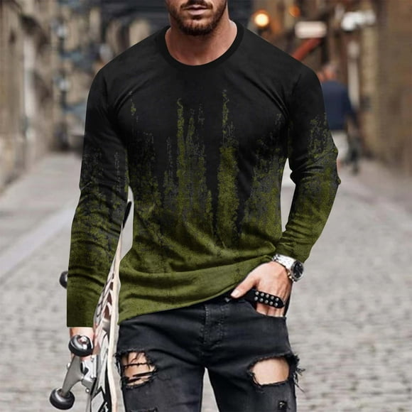 Meichang Long Sleeve T Shirt Men Soft,Men's Graphic Tees Streetwear 3D Optical Illusion Print T-Shirts Novelty Round Neck Muscle Long Sleeve Shirts for Men
