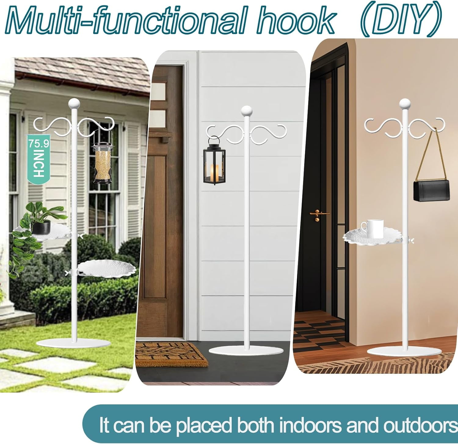 Upgraded 74" Shepherd's Hook for Bird Feeder,Floor Hanging Plant,Wind Chime Stand, Waterproof Metal& Adjustable-Height Standing Pole Holder for Lantern and Wreath, Indoor & Outdoor（2 Placement Racks)