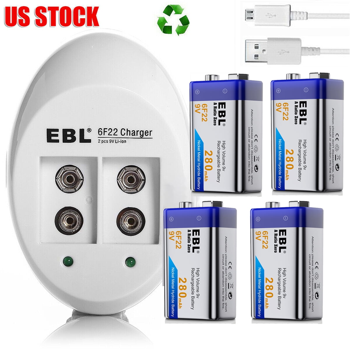 EBL Rechargeable 9V Battery and Battery Charger, NIMH 280 mAh 9 Volt Battery (4 Count) for Smoke