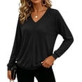 thumbnail image 3 of Vivianyo HD Women's V-neck Raglan Pullover Tops, Cuffed Long Sleeve Soft Knit Casual Shirts for Women, Women's Black, Sizes S-2XL, 3 of 5