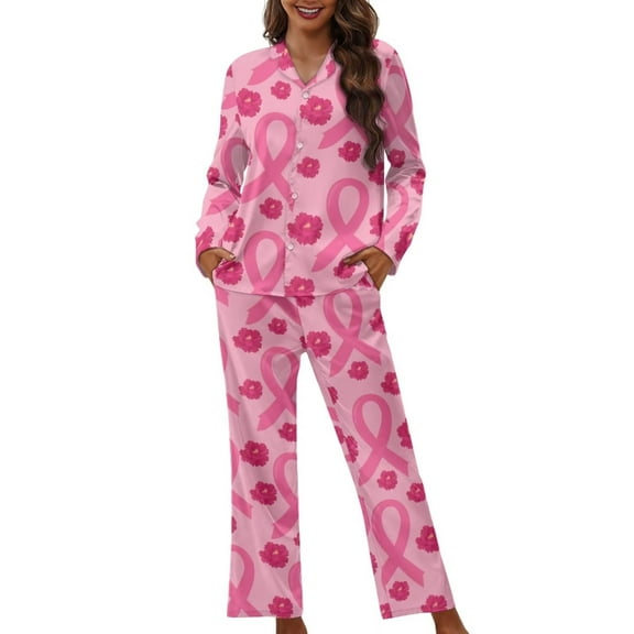 Renewold Soft Button Pajamas for Women Skin Friendly Pink Ribbon Flowers Fight Breast Cancer Print Pj Long Sweatpants Set of 2 Home Life Loose Loungewear Size XS