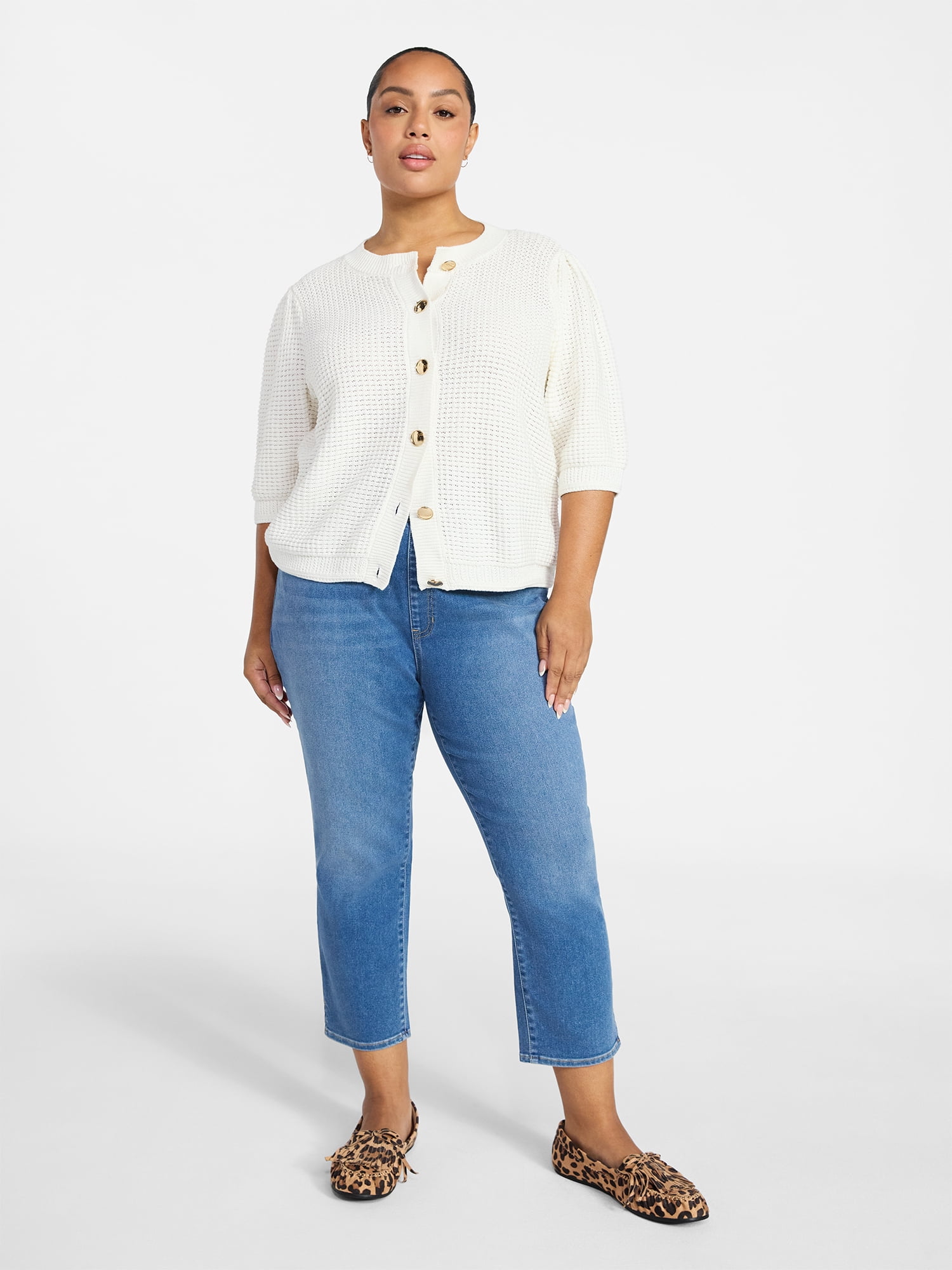 Terra & Sky Women's Plus Size Textured Crewneck Cardigan with Short Sleeves, Midweight, Size 0X-5X