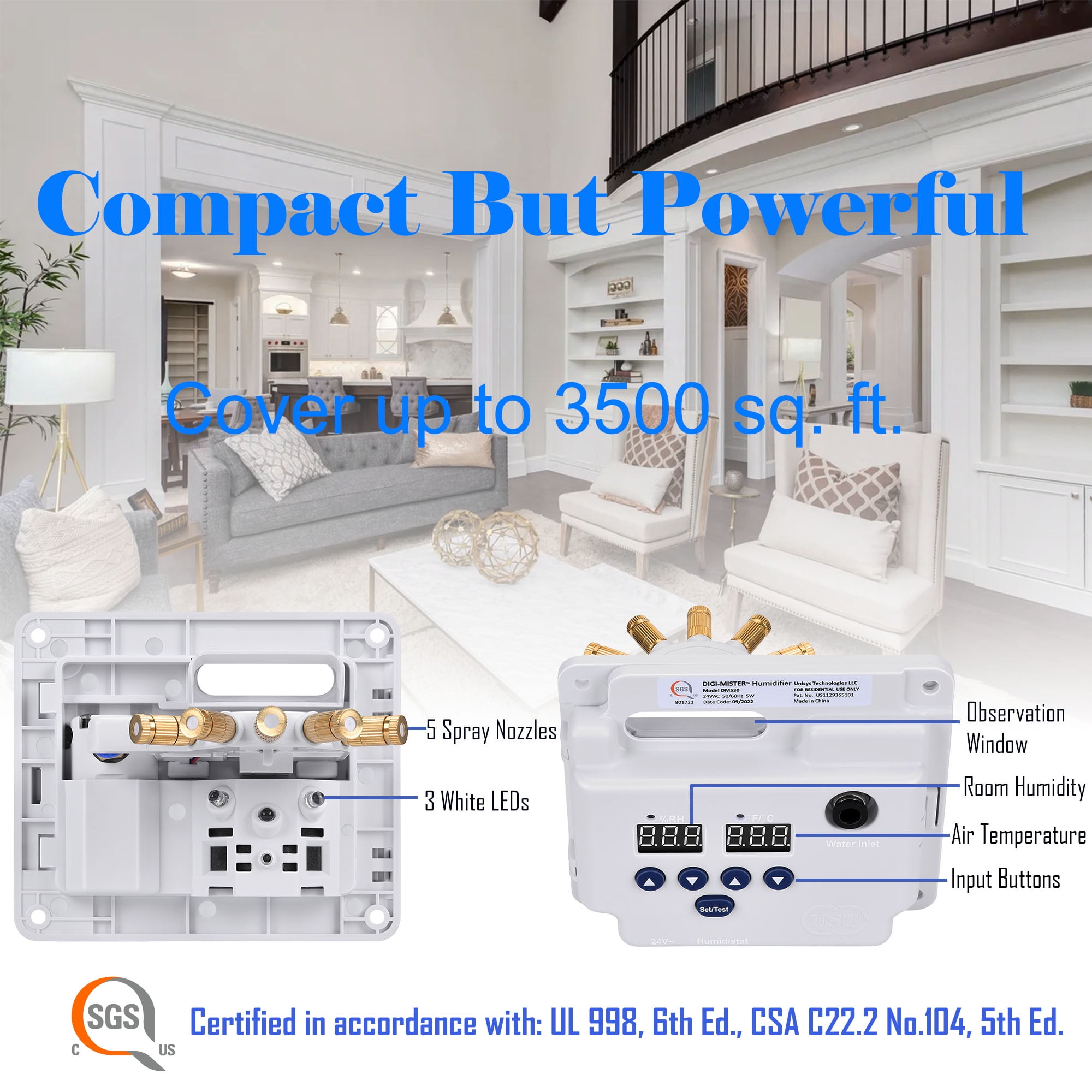 DIGI MISTER Evaporative Duct Mounted Whole House Furnace Humidifier, Atomizing Cool Mist Variable Capacities for Homes and Offices up to 3500 sq. ft.