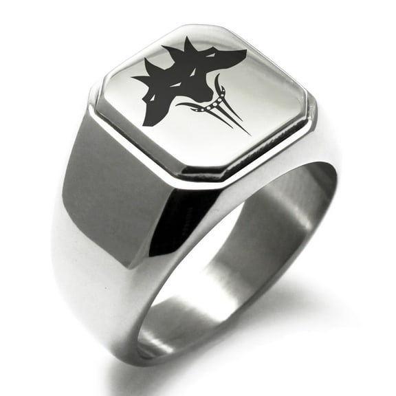 Tioneer Stainless Steel Greek Mythology Cerberus Engraved Square Flat Top Biker Style Polished Signet Ring