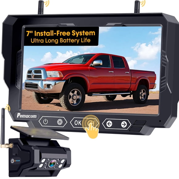 Magnetic Solar Wireless Backup Camera: 7" Portable 1 Min Easy Install Scratch-Proof No Delay Backup Camera for Truck Rechargeable HD 1080P for Pickup Trailer Small RV Camper Pemacom P