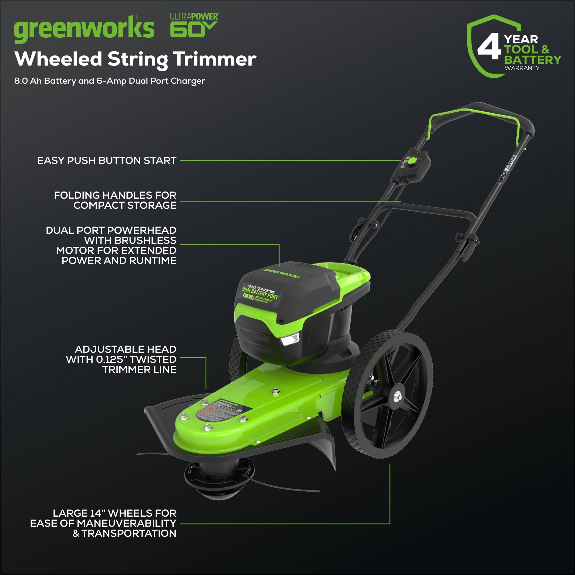 Greenworks 60V 22" Cordless Brushless Wheeled String Trimmer with 8.0Ah Battery and Charger