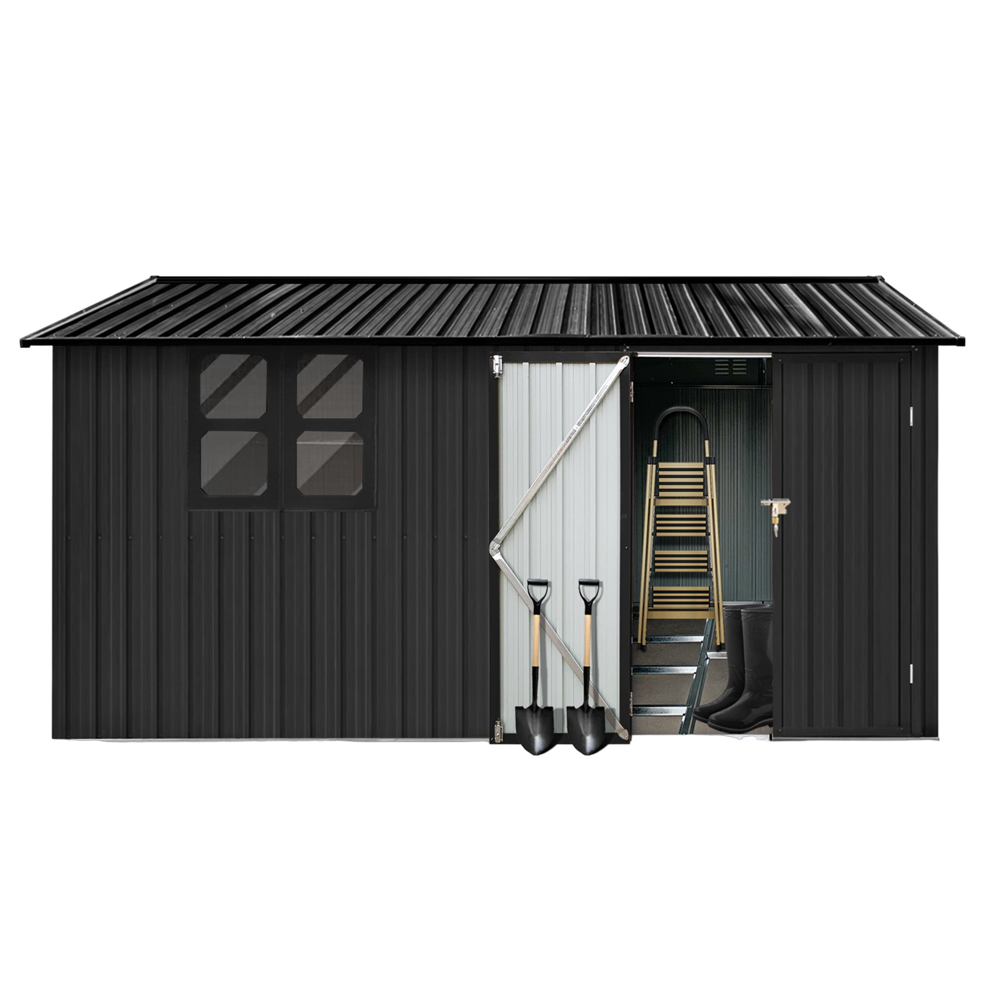 Aukfa 12FT x 10FT Outdoor Storage Shed, Metal Shed Storage with Window, Roof Slope Tool Shed with Door and Padlock for Backyards, Patio Lawns and Outdoor, Black