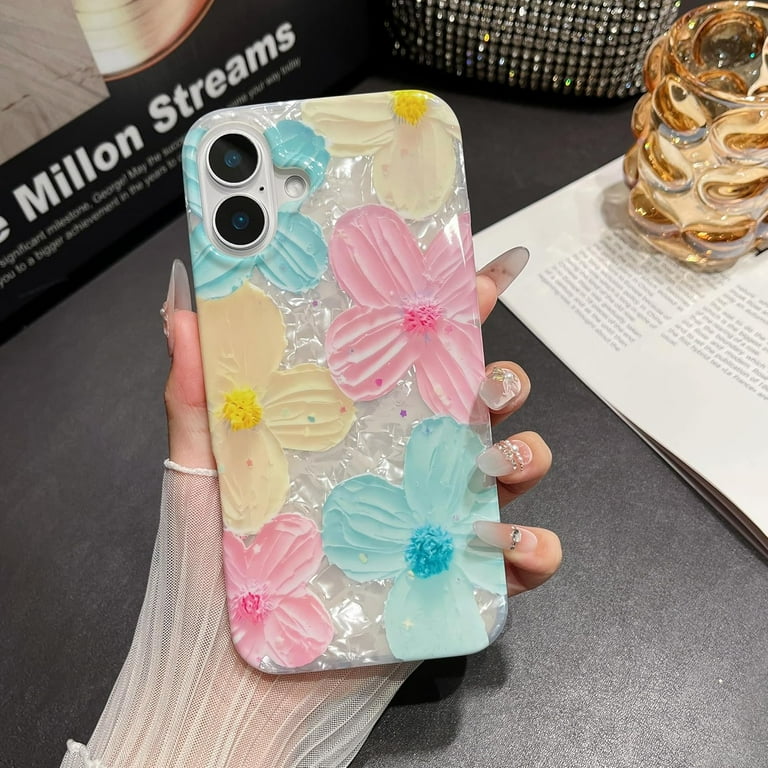 for iPhone 15 Plus Case Women Trendy Girly Aesthetic Cute Floral Flowers Luxury Sparkle Silicone with Charms Phone Strap Lanyard Oil Painting Shockproof Protective Cases Glitter
